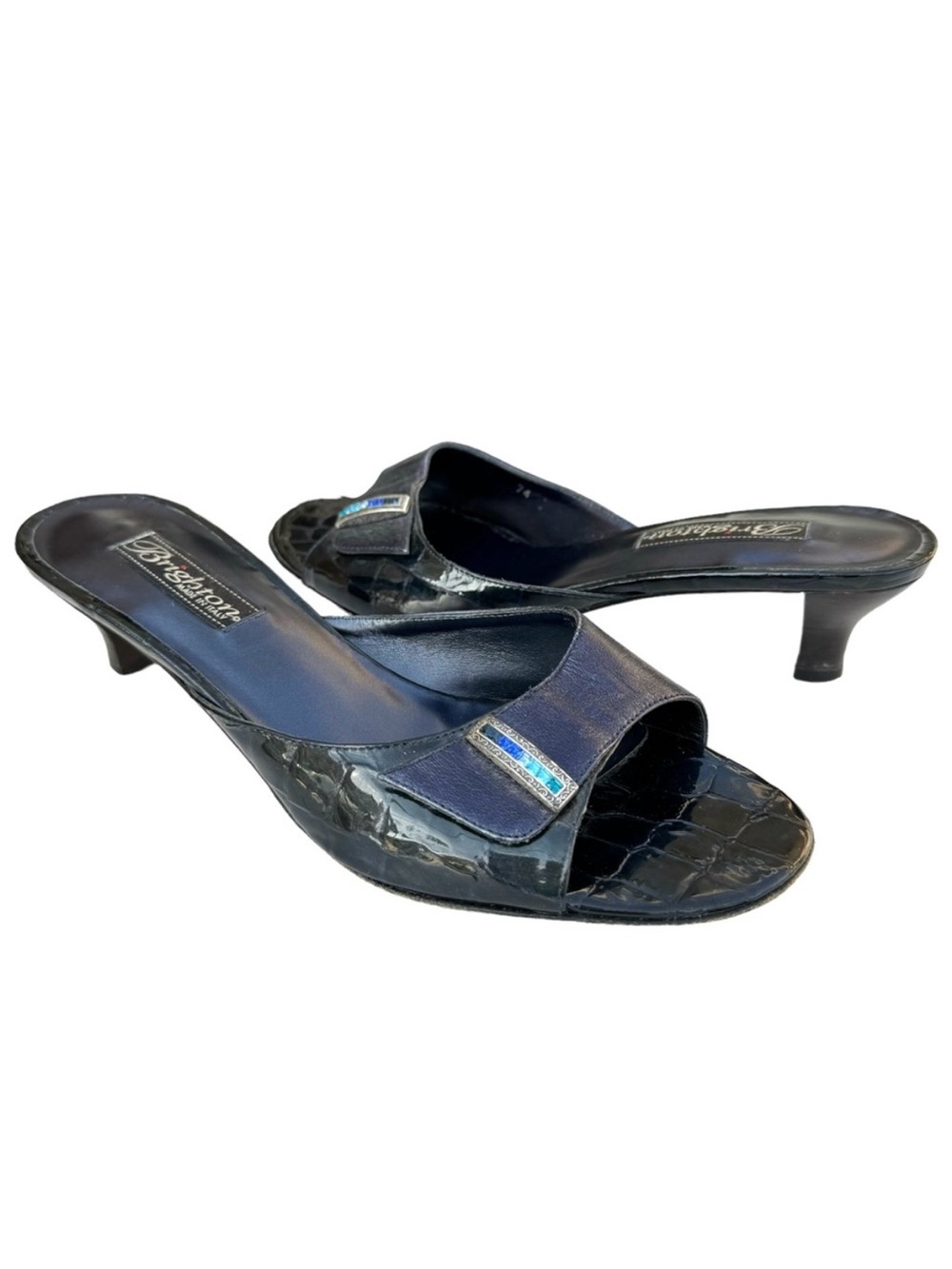 Brighton Kitten Heel Metallic Navy Blue Leather Rhinestone Detail Sandal Womens